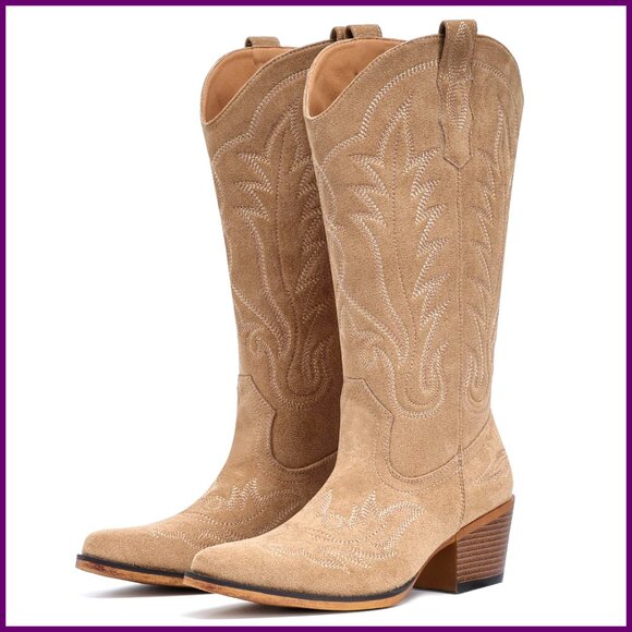 Suede Cowboy Boots Embroidered Western Mid Calf Chunky Heel